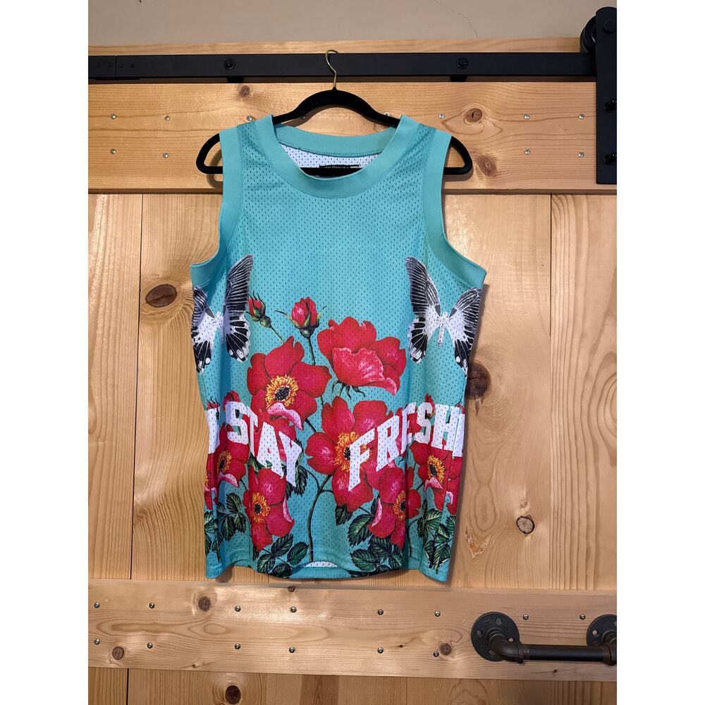 Rebel Minds Stay Fresh Men’s Tank Shirt Size L Teal Floral Mesh